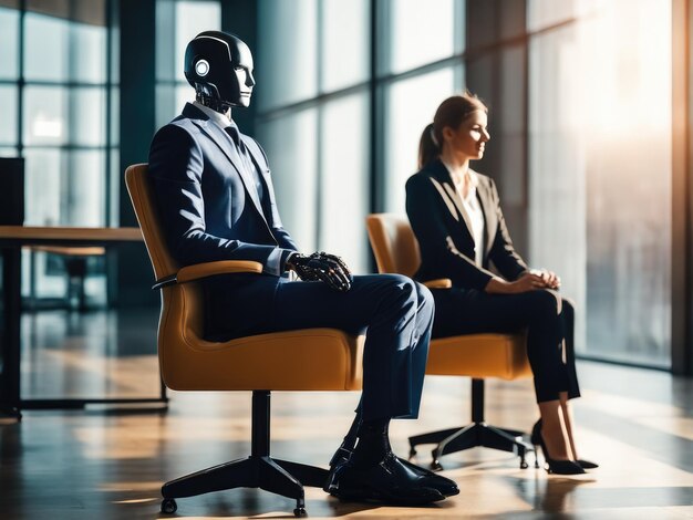 AI robot waiting for a job interview. Modern technologies, robot versus human, artificial intelligence, neural networks.