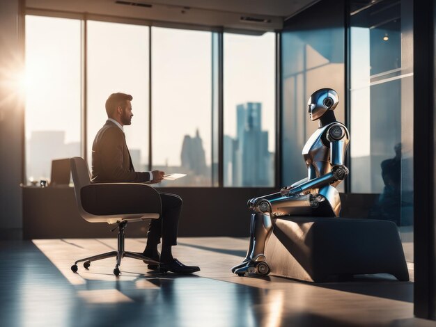 AI robot waiting for a job interview. Modern technologies, robot versus human, artificial intelligence, neural networks.