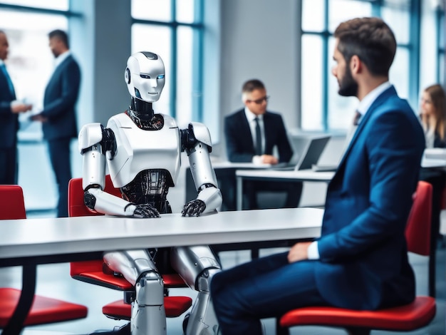 AI robot waiting for a job interview. Modern technologies, robot versus human, artificial intelligence, neural networks.