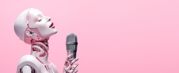 ロボット・ボーカリスト (AI) - 人工知能 (AI) によって作成された曲や音楽を白いピンクの背景でコピーするコンセプト
