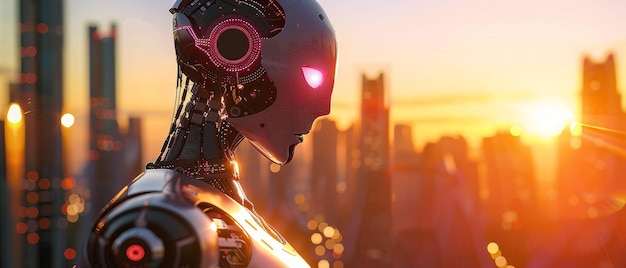 Photo ai robots metal skin newly awakened machines navigating a bustling cityscape blending in with humans learning emotions realistic backlights vignette handheld shot view