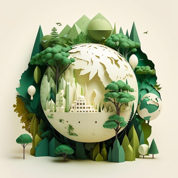 AIのペーパーコスモス クリスタルの森の都市を備えた緑の地球アートの未来的な球体