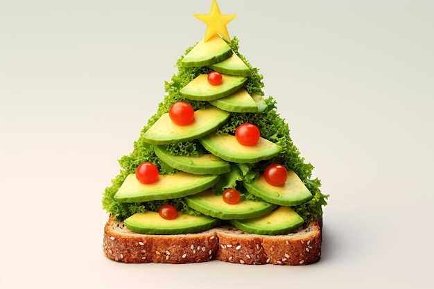 AI Sandwich toast in the shape of a Christmas tree made of avocado slices tomatoes and dill on a white background Table decoration for Christmas