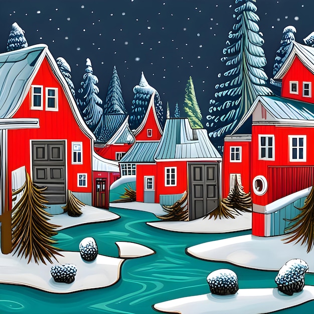 Ai of the scandinavian folk art houses in winter in a small town between forest