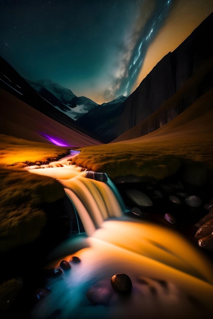 AI of the slow exposure photography of water streaming down from the mountainous river