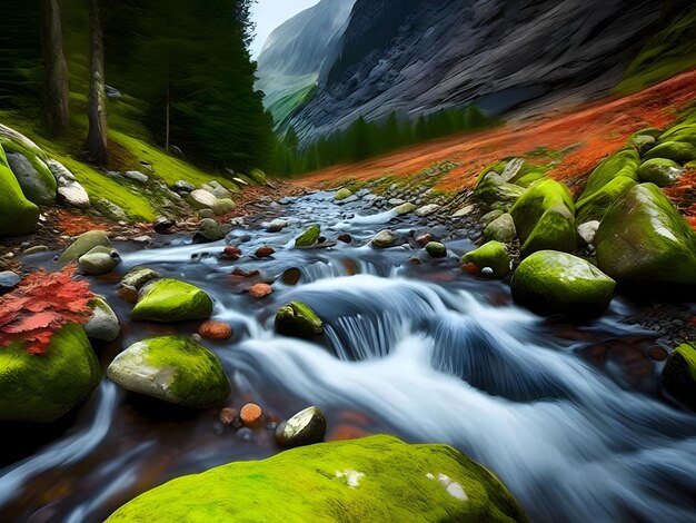 スローエクスポージャー写真 - 山の川から流れる水の写真