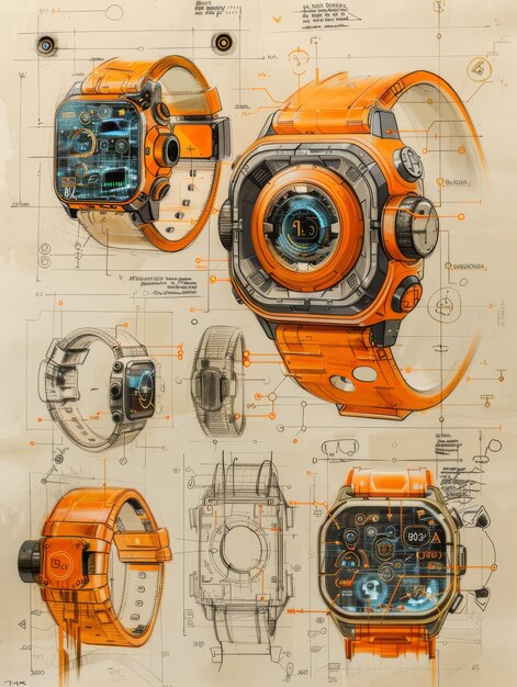 Фото Эскизы дизайна смарт-часовок с искусственным интеллектом на белых изображениях с аннотированными техническими характеристиками идеально подходит для презентации