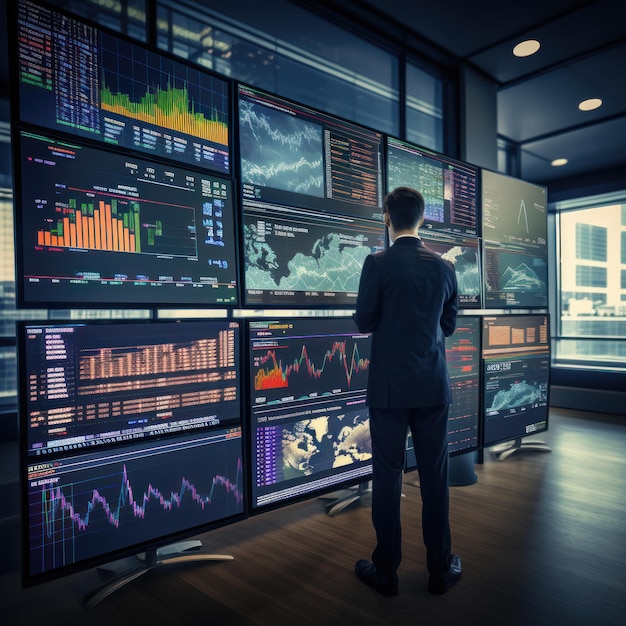 AI software predicting stock market trends on multiple screens