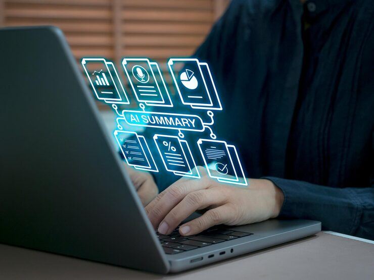 Photo ai summary technology concept with digital data visualization person using artificial intelligence tools to generate automated summaries improving productivity and efficiency in data analysis tasks