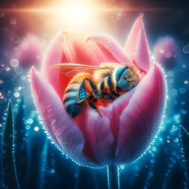 AI surrealistische macro beelden van een gelukkige bij rond een tulp bloem in de vroege ochtend atmosfeer