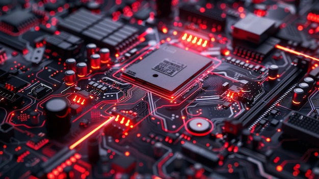 An AI system rendered in 3D A circuit board Technology background Central processing units GPUs and motherboard digital chips Background in technology