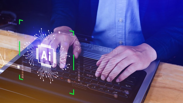 Foto tecnologia ai uomo d'affari che utilizza la grafica virtuale connessione internet globale chatgpt chatta con l'intelligenza artificiale ai utilizzando il prompt dei comandi per generare qualcosa trasformazione tecnologica futuristica