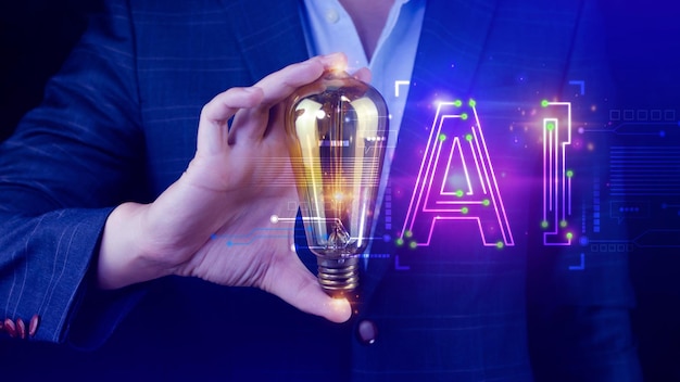 AI 科技商人使用虛擬圖形 全球互聯網連接 Chatgpt 聊天與人工智能 人工智能使用命令提示符為產生一些未來技術轉變