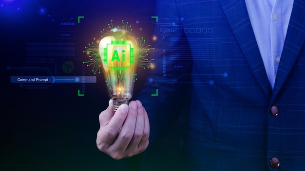 AI 科技商人使用虛擬圖形 全球互聯網連接 Chatgpt 聊天與人工智能 人工智能使用命令提示符為產生一些未來技術轉變