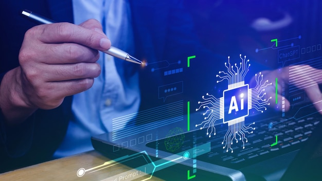 ai tech businessman using virtual graphic global internet connect chatgpt chat with ai artificial intelligence using command prompt for generates something futuristic technology transformation