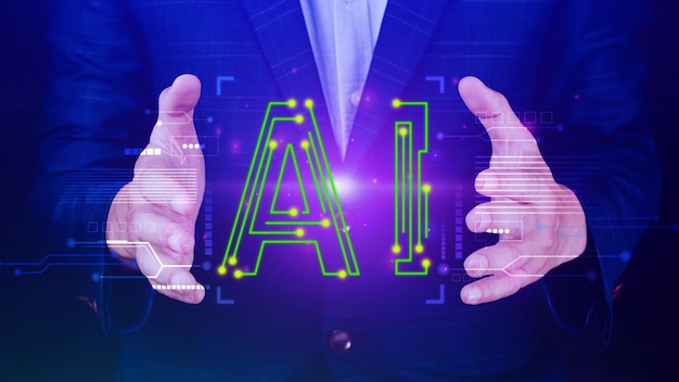 Ai tech Businessman using virtual graphic Global Internet connect Chatgpt Chat with AI Artificial Intelligence using command prompt for generates something Futuristic technology transformation