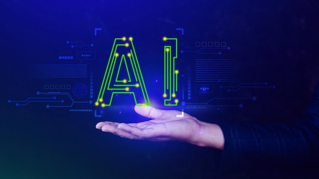 Ai tech Businessman using virtual graphic Global Internet connect Chatgpt Chat with AI Artificial Intelligence using command prompt for generates something Futuristic technology transformation