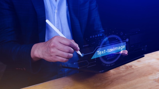 Ai tech Text to image virtual graphic with AI Artificial Intelligence using command prompt for generates something Futuristic technology transformation
