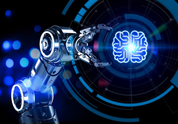 Ai-technologieconcept met 3d-rendering robotarm met circuithersenen