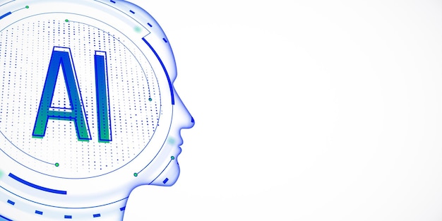 AI-technologieconcept met silhouet van menselijk hoofd en AI-tekst op witte achtergrond 3D-rendering