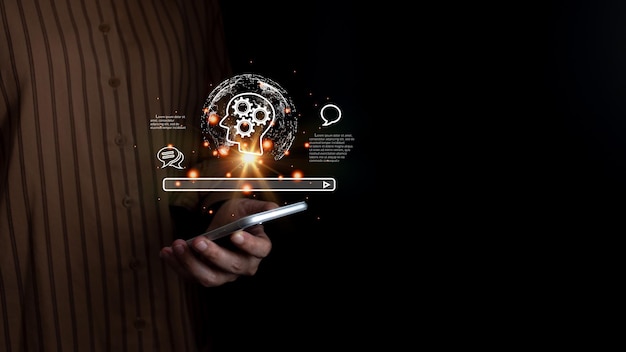 AI 기술 인공지능 AI와 대화하고 대화하는 것 명령 프롬프트 로 학습 기계에 의해 데이터를 검색하고 찾기 위해 휴대 전화를 사용하는 것 그림 또는 기사를 자동으로 만들거나 생성합니다.