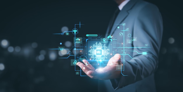 ai technology artificial intelligence man using technology smart robot ai artificial intelligence by enter command prompt for generates something futuristic technology transformation chat with ai