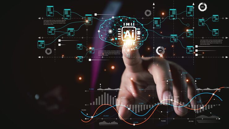 Photo 人工智能技术 企业家触摸大脑 工作数据和人工智能算法 在未来的商业和编码软件开发同步网络连接 数据科学