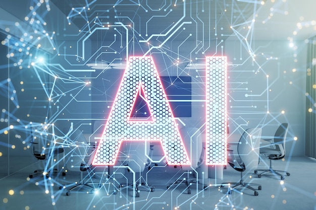 AI technology concept with futuristic design and office background
