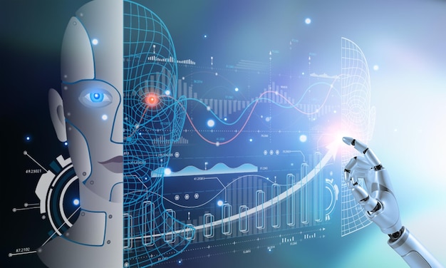 ai technology robot hand touch brain working data and algorithm of artificial intelligence in the future business and coding software development synchronize network connection data science