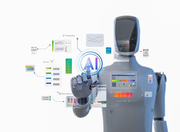AI 기술과 휴머노이드 로과 HUD 그래픽 인터페이스