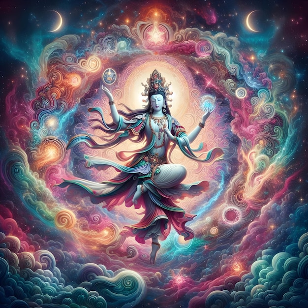 AI van de godin Guanyin in een galactische dans die het kosmische van de fysieke belichaming van mededogen symboliseert