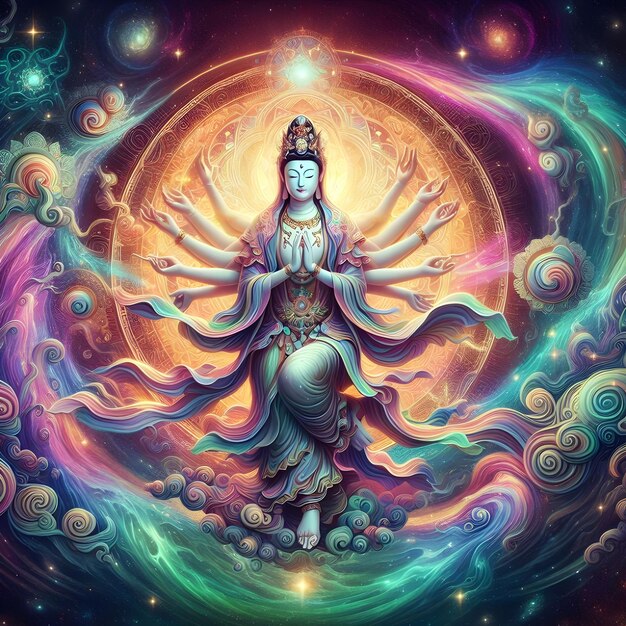 AI van de godin Guanyin in een galactische dans die het kosmische van de fysieke belichaming van mededogen symboliseert