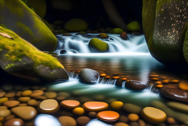 AI van de langzame belichting fotografie van het water stroomt naar beneden van de bergachtige rivier