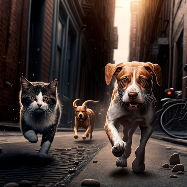 AI van de wilde straathonden en katten die op straat rennen