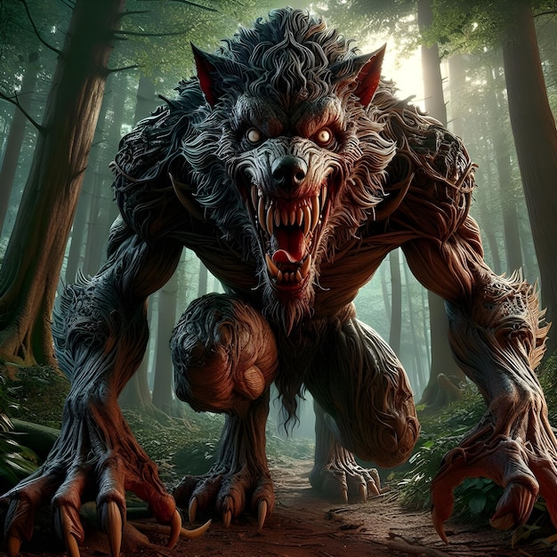 AI van een enorme woeste weerwolf wordt getoond en loopt wild in het donkere bos