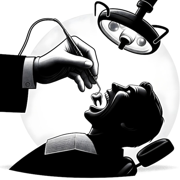 AI van grappige karikatuur scène van tandartsen hand extraheren patiënten tand in silhouet