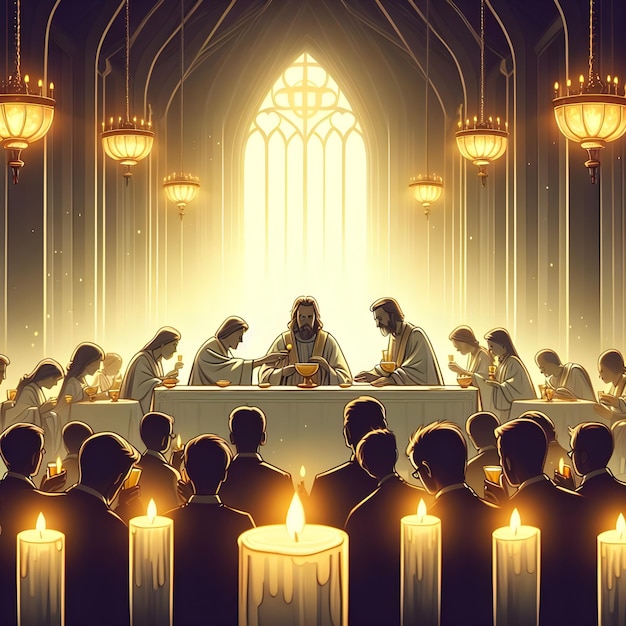AI van karikatuur van gelovige in silhouet die deelneemt aan de ceremonie van de communie van het avondmaal van de Heer
