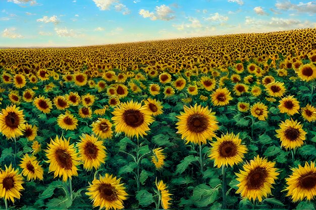 AI van kleurrijk landschap veld van zonnebloemen landbouw boerderij op de gouden uur scène