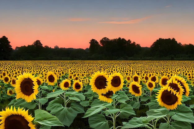 AI van kleurrijk landschap veld van zonnebloemen landbouw boerderij op de gouden uur scène