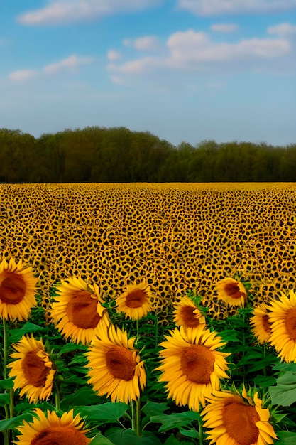 AI van kleurrijk landschap veld van zonnebloemen landbouw boerderij op de gouden uur scène