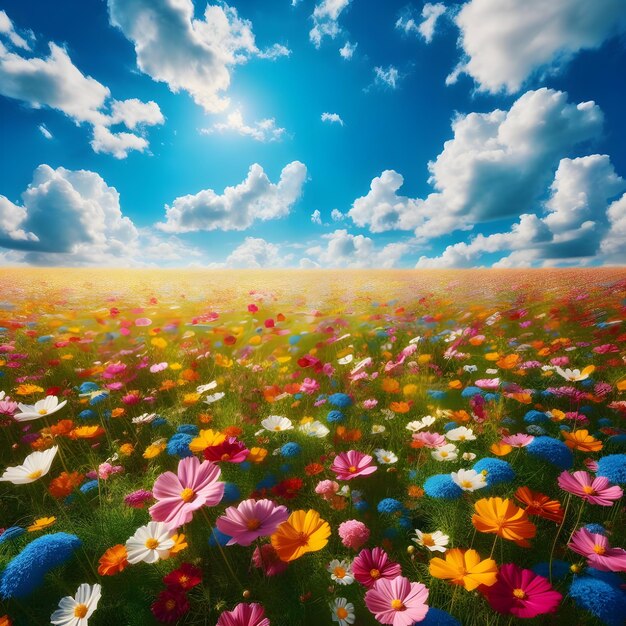 Ai of a vibrant field of wildflowers stretching to the horizon beneath a cloudy blue sky