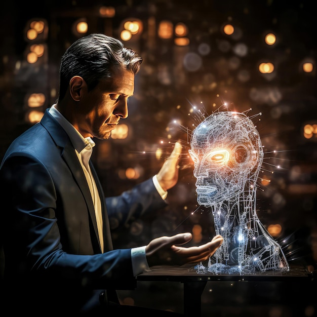 AI virtual robotics hologram helps businessman