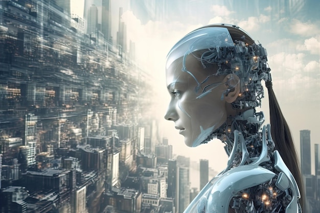 AI vrouw met mechanisch brein in futuristische stad
