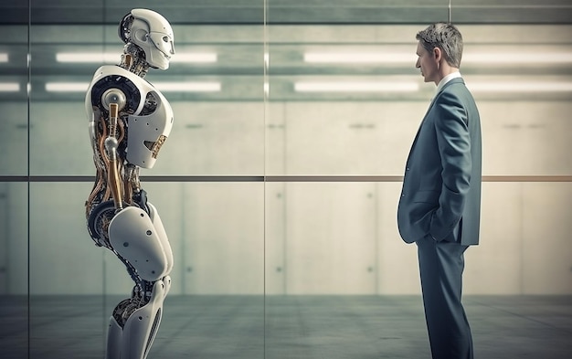 AI vs Human robot and a man watching each other