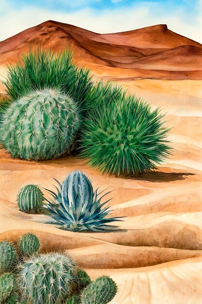 Foto ai di acquerello pittura paesaggio immagine di vasto deserto con scarsa vegetazione di cactus solitario