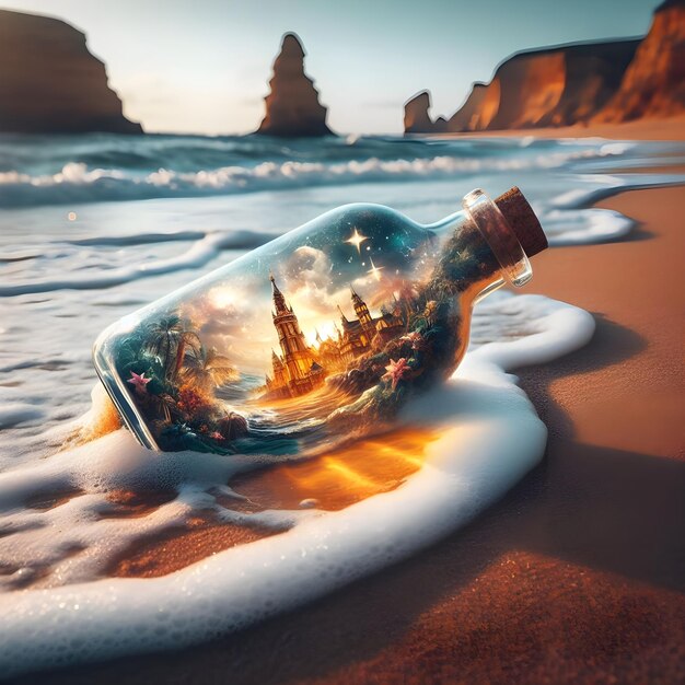 AI of a whimsical world contained within a bottle drifting along the shores