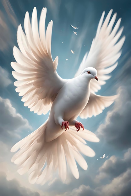 AI of a white dove flying on sky at different weather sky for freedom and peace concept