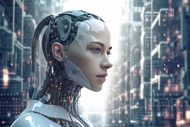 AI woman with mechanical brain in futuristic city