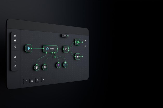 AI workflow automation artificial intelligence software interface nodes triggers data tool dashboard coding icon flow process technology 3d rendering