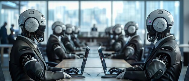 Photo ai workforce robots conducting business in modern corporate office